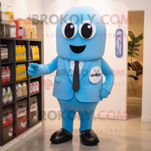 Sky Blue Soda Can mascot costume character dressed with a Suit Pants and Lapel pins