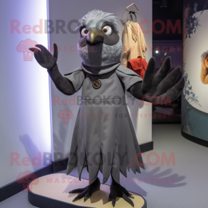 Gray Blackbird mascot costume character dressed with a Sheath Dress and Rings