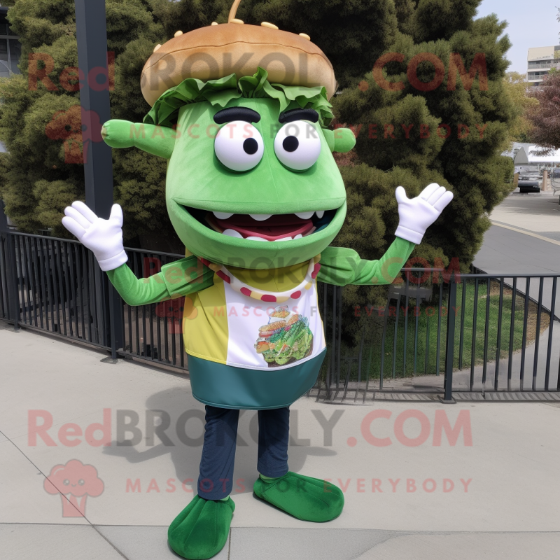 Forest Green Pulled Pork Sandwich mascot costume character dressed with a Flare Jeans and Headbands Forest Green Pulled Pork Sandwich mascot costume character dressed with a Flare Jeans and Headbands