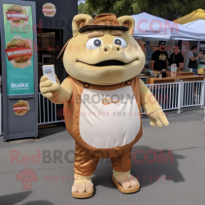 Beige Pulled Pork Sandwich mascot costume character dressed with a T-Shirt and Wallets