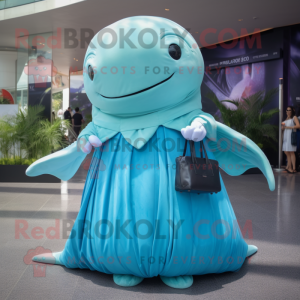 Cyan Humpback Whale mascot costume character dressed with a Midi Dress and Clutch bags