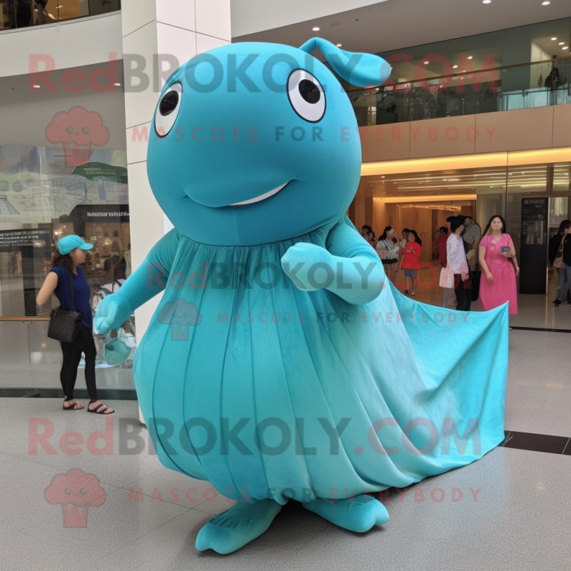 Cyan Humpback Whale mascot costume character dressed with a Midi Dress and Clutch bags