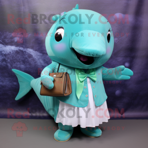 Cyan Humpback Whale mascot costume character dressed with a Midi Dress and Clutch bags