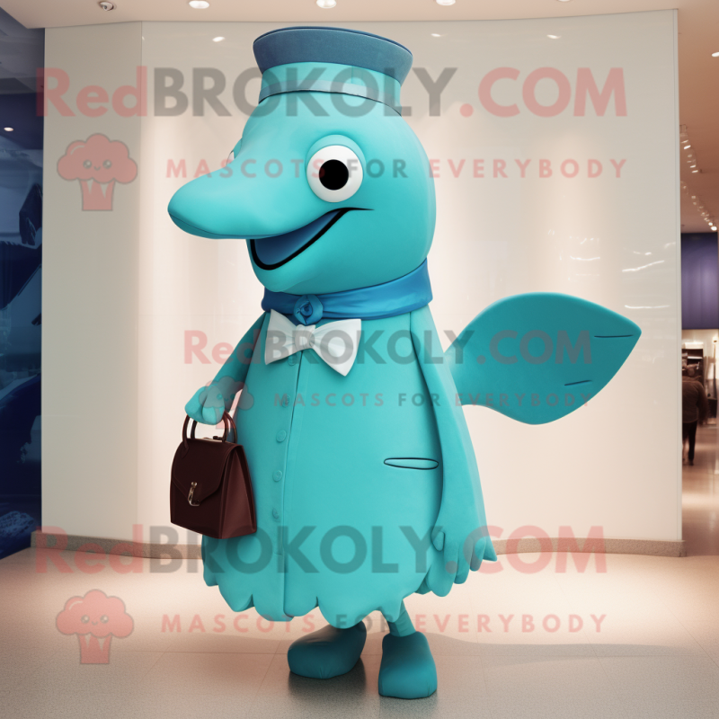 Cyan Humpback Whale mascot costume character dressed with a Midi Dress and Clutch bags