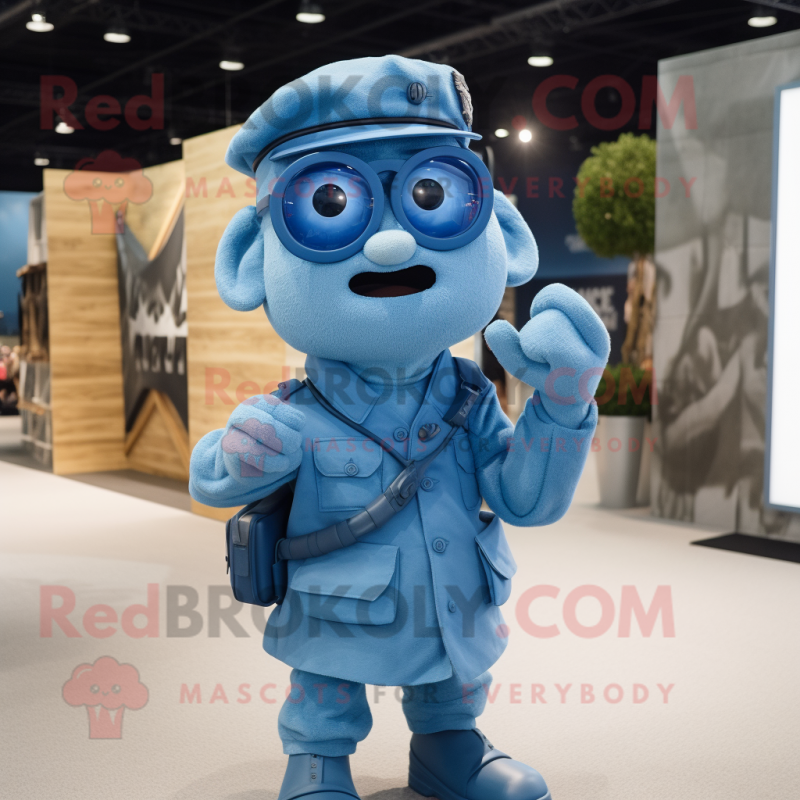 Blue Soldier mascot costume character dressed with a Cargo Shorts and Eyeglasses Blue Soldier mascot costume character dressed with a Cargo Shorts and Eyeglasses
