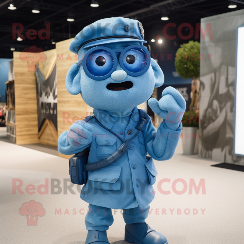 Blue Soldier mascot costume character dressed with a Cargo Shorts and Eyeglasses