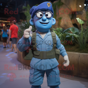 Blue Soldier mascot costume character dressed with a Cargo Shorts and Eyeglasses