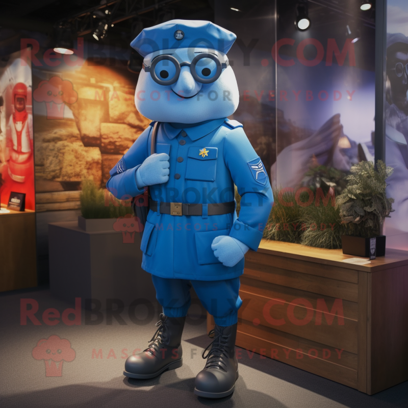 Blue Soldier mascot costume character dressed with a Cargo Shorts and Eyeglasses