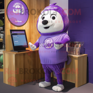 Purple Seal mascot costume character dressed with a Capri Pants and Digital watches