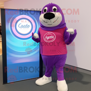 Purple Seal mascot costume character dressed with a Capri Pants and Digital watches