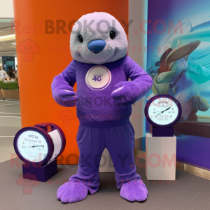 Purple Seal mascot costume character dressed with a Capri Pants and Digital watches