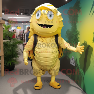 Lemon Yellow Trilobite mascot costume character dressed with a Culottes and Backpacks