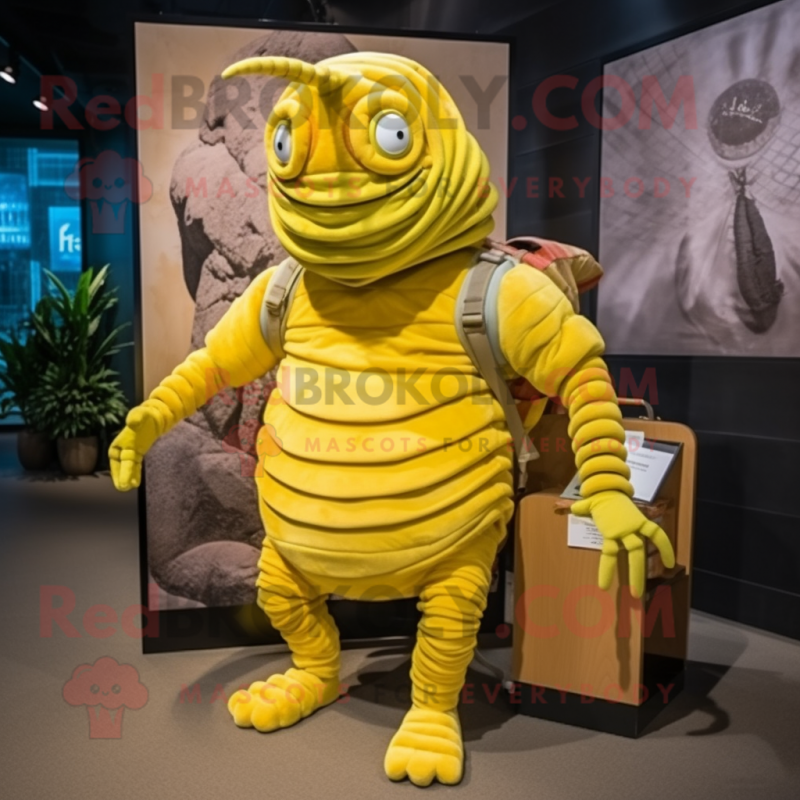 Lemon Yellow Trilobite mascot costume character dressed with a Culottes and Backpacks