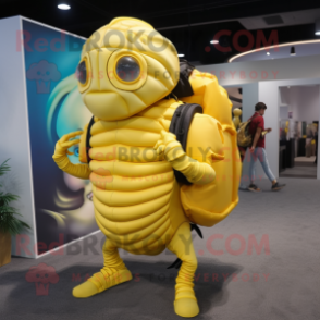 Lemon Yellow Trilobite mascot costume character dressed with a Culottes and Backpacks