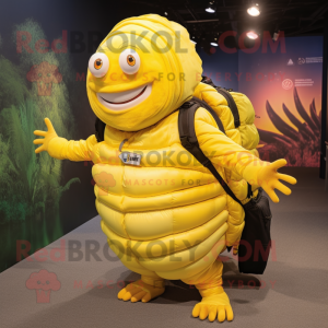 Lemon Yellow Trilobite mascot costume character dressed with a Culottes and Backpacks