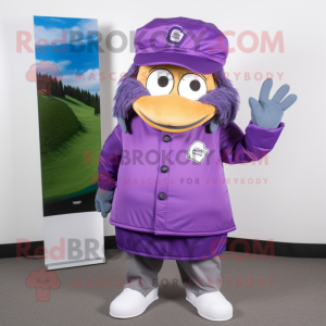 Purple Golf Bag mascot costume character dressed with a Windbreaker and Hat pins