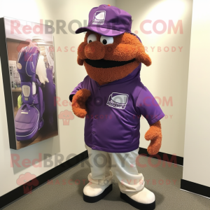 Purple Golf Bag mascot costume character dressed with a Windbreaker and Hat pins