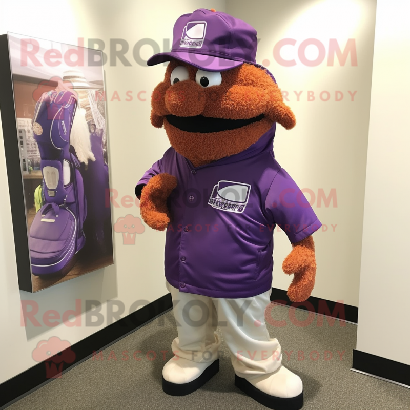 Purple Golf Bag mascot costume character dressed with a Windbreaker and Hat pins Purple Golf Bag mascot costume character dressed with a Windbreaker and Hat pins