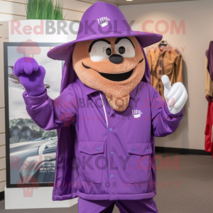 Purple Golf Bag mascot costume character dressed with a Windbreaker and Hat pins