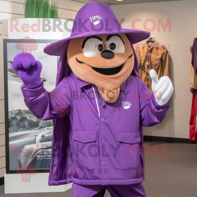 Purple Golf Bag mascot costume character dressed with a Windbreaker and Hat pins Purple Golf Bag mascot costume character dressed with a Windbreaker and Hat pins