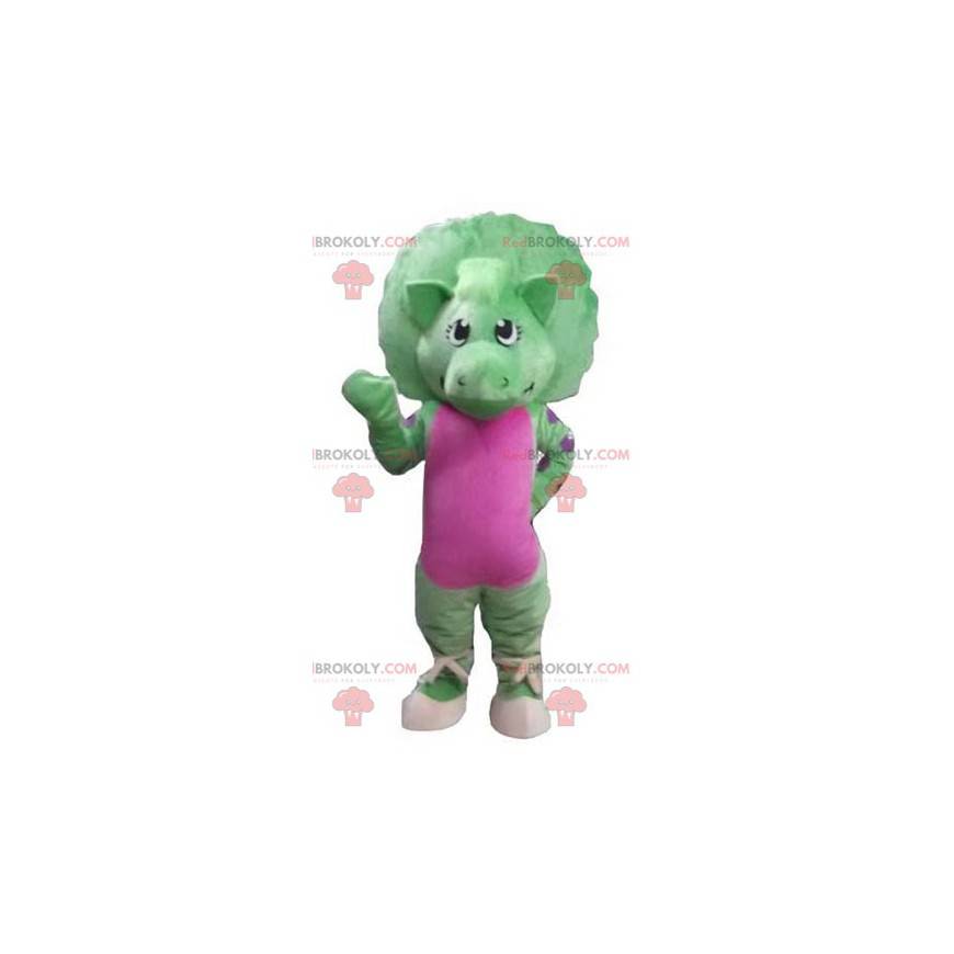 Kjempegrønn og rosa dinosaurmaskot - Redbrokoly.com