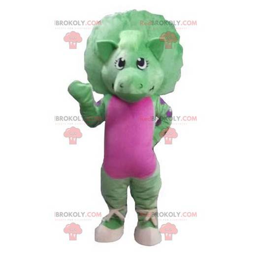 Kjempegrønn og rosa dinosaurmaskot - Redbrokoly.com