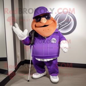 Purple Golf Bag mascot costume character dressed with a Windbreaker and Hat pins