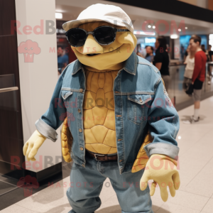Cream Sea Turtle mascot costume character dressed with a Jeans and Sunglasses