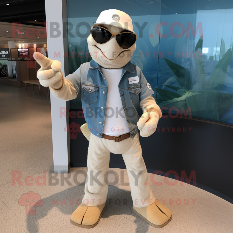 Cream Sea Turtle mascot costume character dressed with a Jeans and Sunglasses