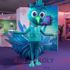 Cyan Peacock mascot costume...