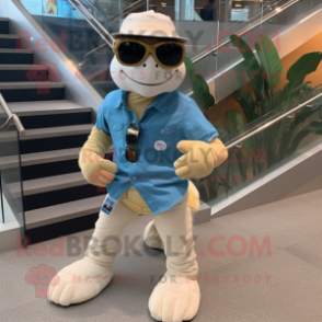 Cream Sea Turtle mascot costume character dressed with a Jeans and Sunglasses