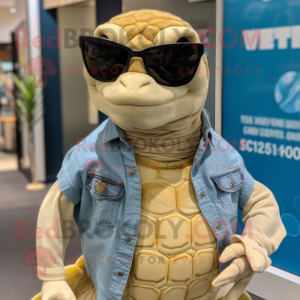 Cream Sea Turtle mascot costume character dressed with a Jeans and Sunglasses