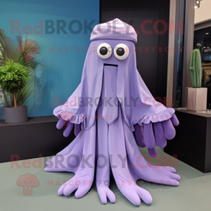 Lavender Squid mascot costume character dressed with a Wrap Skirt and Shoe clips