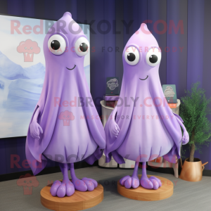 Lavender Squid mascot costume character dressed with a Wrap Skirt and Shoe clips