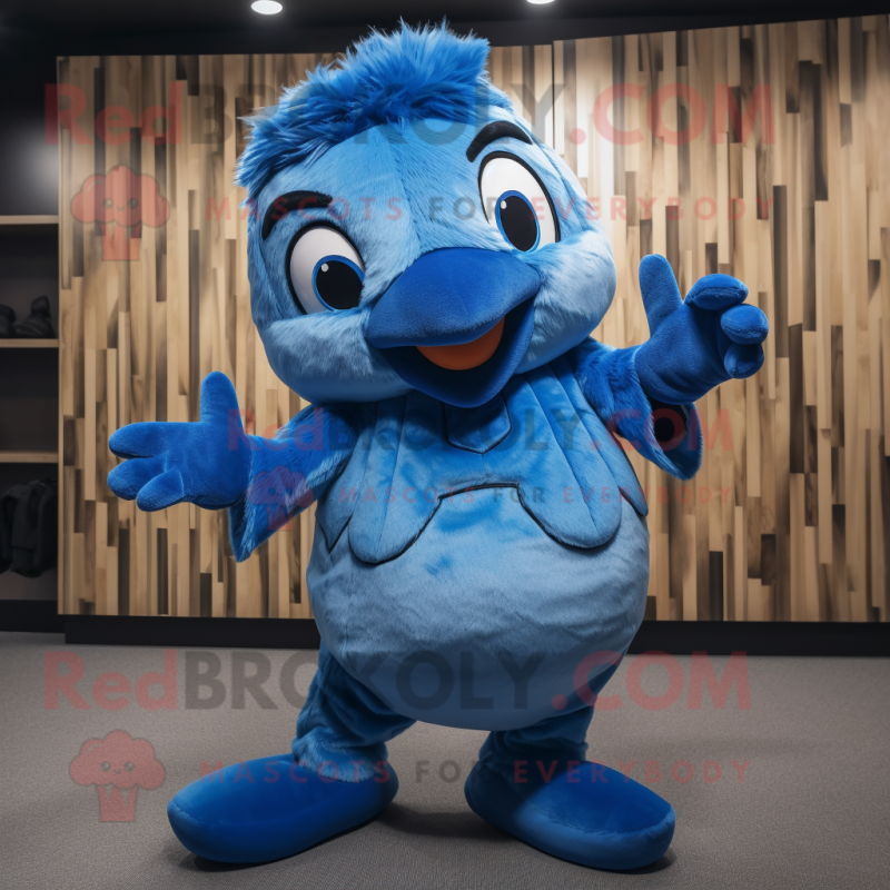 Blue Blue Jay mascot costume character dressed with a Romper and Beanies