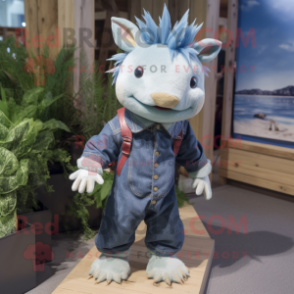 Navy Axolotls mascot costume character dressed with a Chambray Shirt and Hairpins