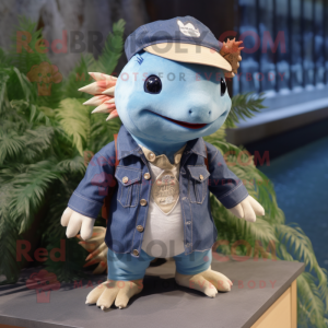 Navy Axolotls mascot costume character dressed with a Chambray Shirt and Hairpins