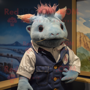 Navy Axolotls mascot costume character dressed with a Chambray Shirt and Hairpins