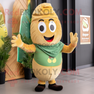 Olive Croissant mascot costume character dressed with a Vest and Beanies