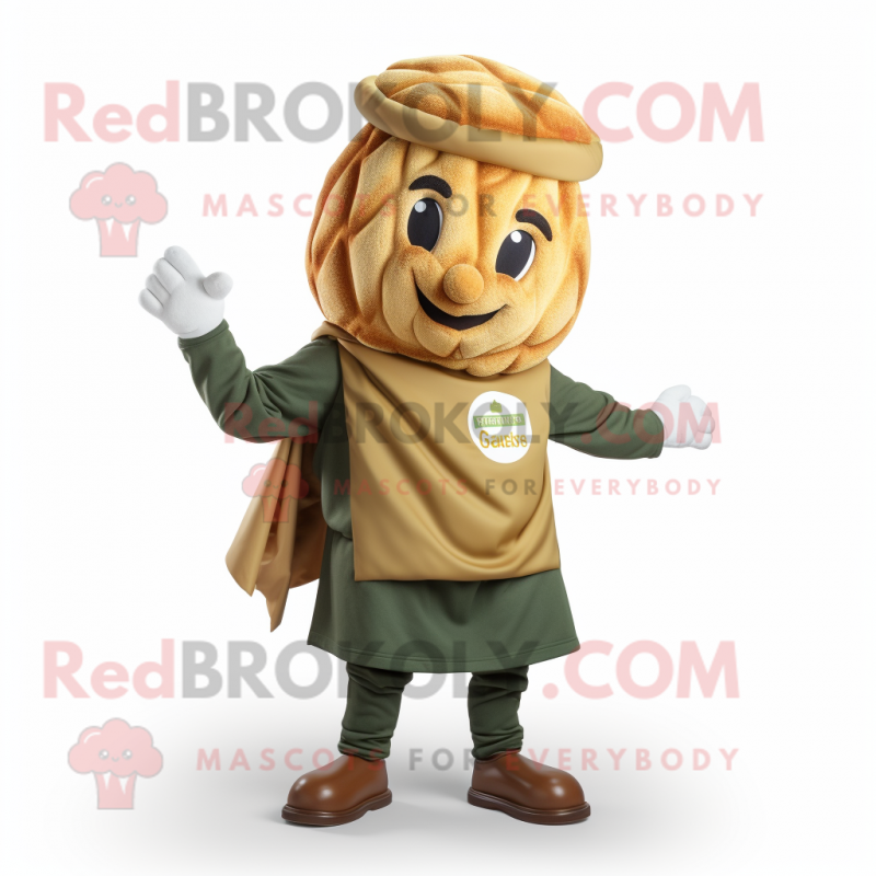 Olive Croissant mascot costume character dressed with a Vest and Beanies