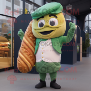 Olive Croissant mascot costume character dressed with a Vest and Beanies