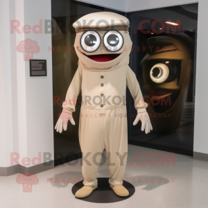 Beige Cyclops mascot costume character dressed with a Suit Pants and Caps