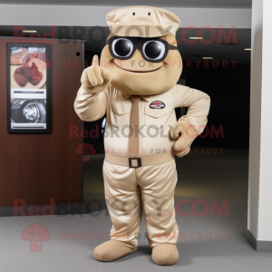 Beige Cyclops mascot costume character dressed with a Suit Pants and Caps