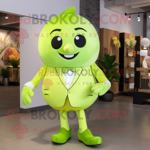 Lime Green Grape mascot costume character dressed with a Suit and Shoe laces