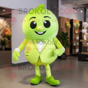 Lime Green Grape mascot costume character dressed with a Suit and Shoe laces