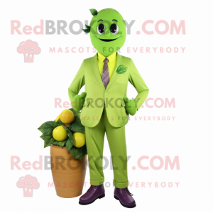 Lime Green Grape mascot costume character dressed with a Suit and Shoe laces