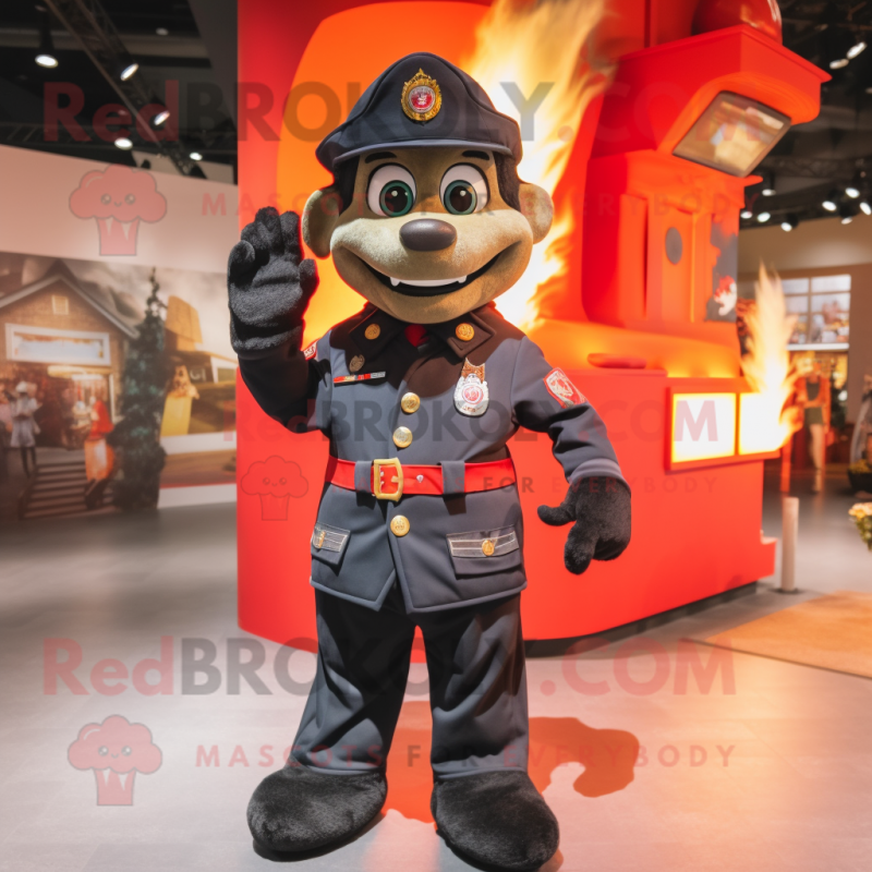 Black Fire Fighter mascot costume character dressed with a Coat and Anklets