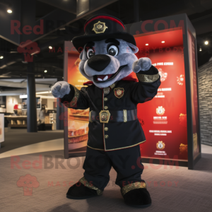 Black Fire Fighter mascot costume character dressed with a Coat and Anklets