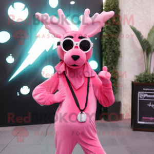 Pink Reindeer mascot costume character dressed with a V-Neck Tee and Sunglasses