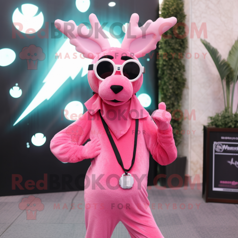 Pink Reindeer mascot costume character dressed with a V-Neck Tee and Sunglasses Pink Reindeer mascot costume character dressed with a V-Neck Tee and Sunglasses